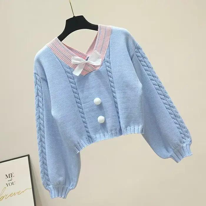 Lucyever-Pulls en tricot à nœud papillon doux pour femmes, pulls à col en V, manches lanterne, décon