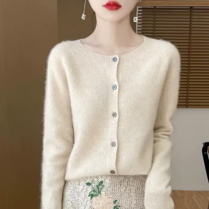 Cardigan en laine mérinos pour femme, col rond, pull basique en tricot, haut en pure laine, veste dé
