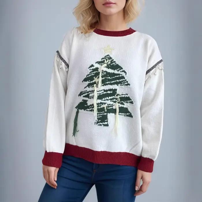 2025 noël nouveau arbre de noël tricoté pull col rond couleur bloc décontracté Chic mode pull