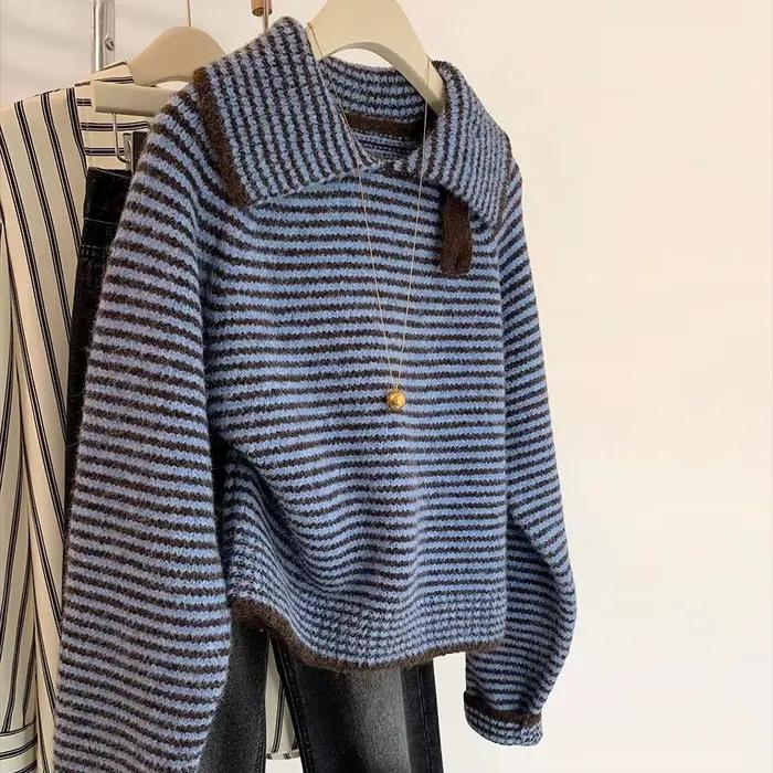 Pull rayé à revers bleu pour Femme, haut tricoté, décontracté, mode coréenne, tendance, nouvelle col