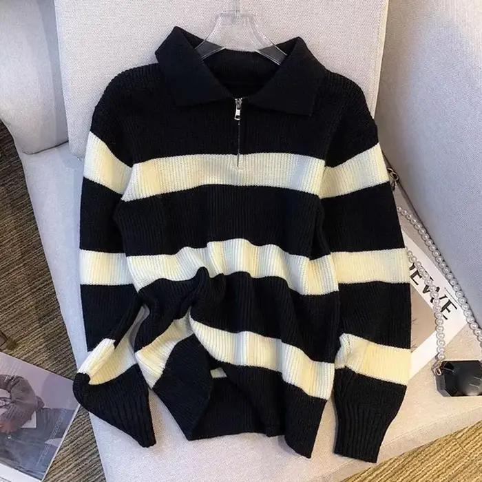 Smvp femmes col rabattu rayé pull Vintage ample à manches longues tricots femme automne hiver chaud