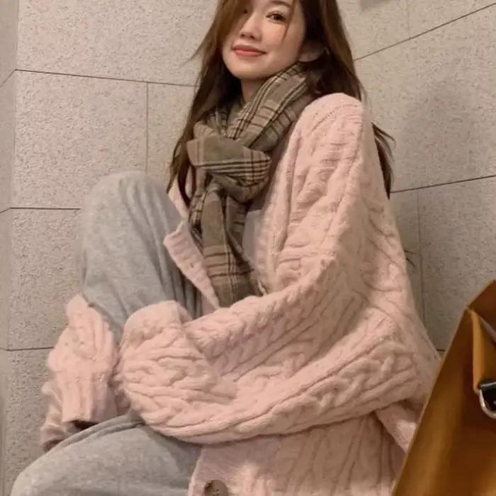 Pull torsadé rose pour femme, cardigan doux pour femme, design paresseux, moyen et long, automne et