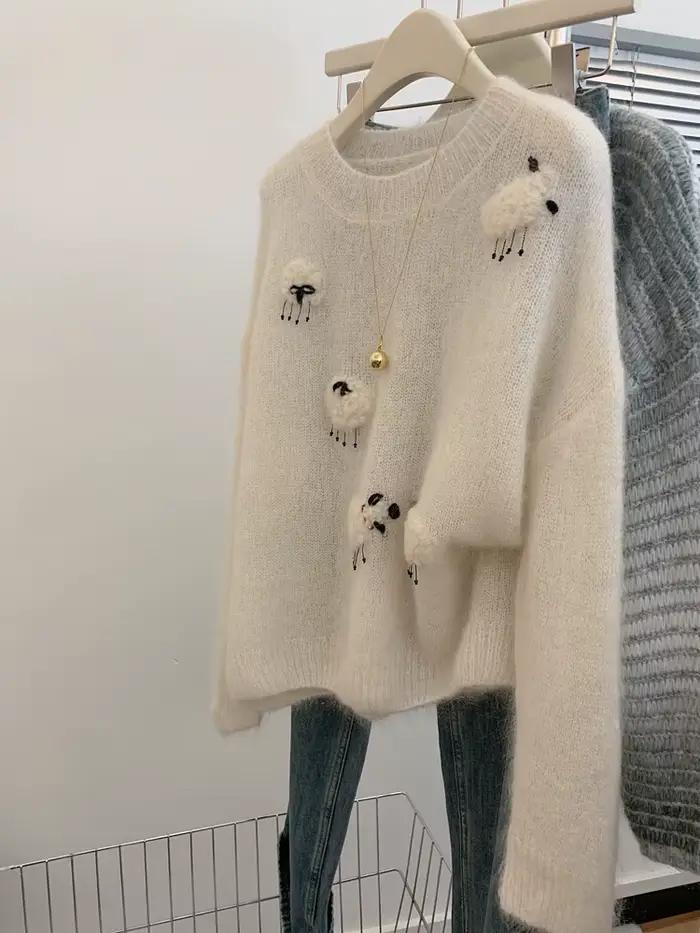 Pull blanc décontracté pour femmes, manches longues, col rond, tricot chaud, automne hiver, coréen,