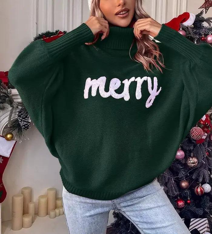 Pull à col roulé de noël pour femme, élégant, lettre joyeuse imprimée, manches longues, mode féminin