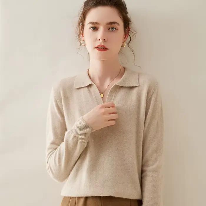 WinvyNee-Pull en cachemire et laine mérinos pour femme, col polo, pull en tricot monochrome, pulls d