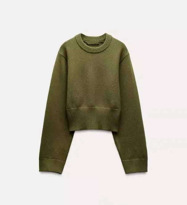 Pull tricoté à manches amples et col rond pour femme, cardigan court à manches longues et ourlet côt