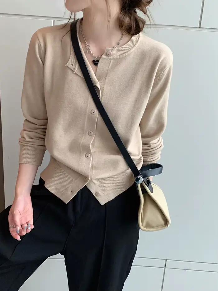 Nouveau Cardigan en Tricot pour Femme à Manches Longues Col Rond Noir – Hauts et Tricots pour Femme
