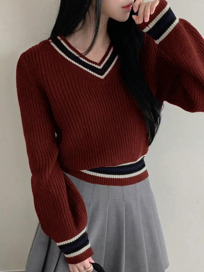 Pull en tricot à rayures bordeaux pour femmes, col en v, manches bouffantes, haut Preppy court pour