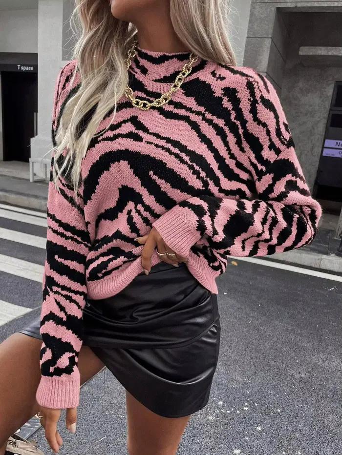 Pull à col roulé à manches longues imprimé zèbre pour femme, coupe ample décontractée, en tricot