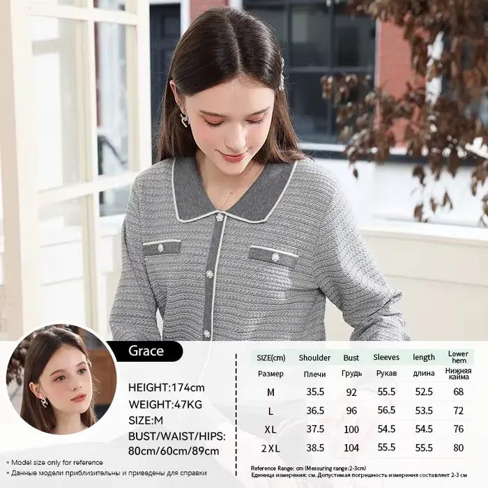 Je crois vous pull femme 2025 automne élégant luxe gris français col rabattu pull en tricot manches