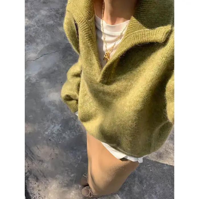 Pull à revers vert premium pour femme, automne et hiver, épais et résistant, unique et élégant