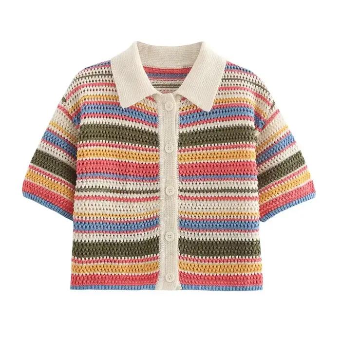 Pull court rayé en tricot au crochet pour femme, col polo, manches courtes, boutonné, pull femme, ch