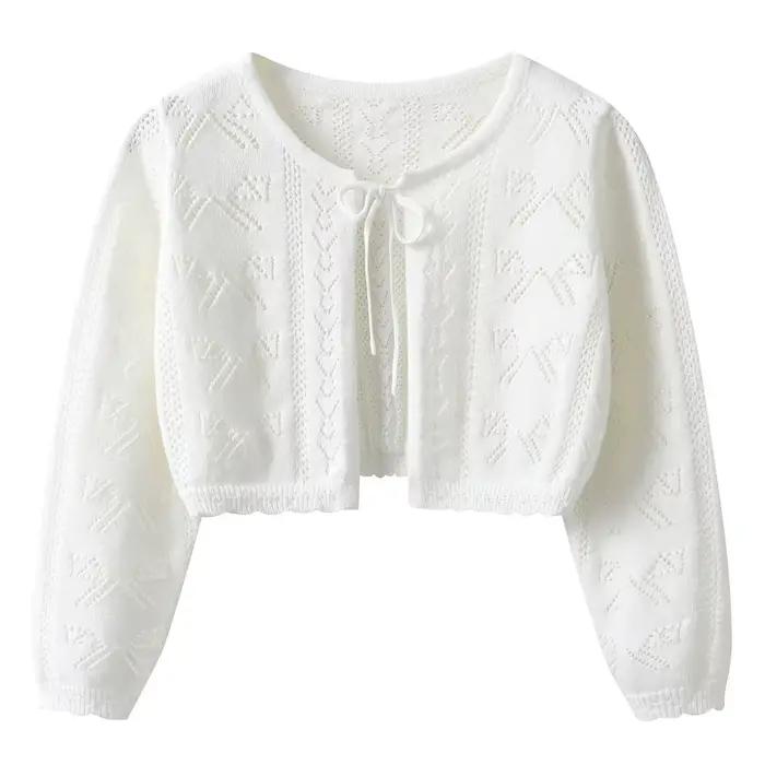 Pull en tricot avec nœuds et rubans pour filles, cardigan léger en coton pour l'été, veste enveloppa