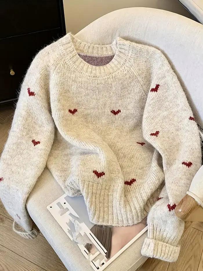 Pull confortable à manches longues et col rond pour femme, vêtement chaud et polyvalent, motif cœur,
