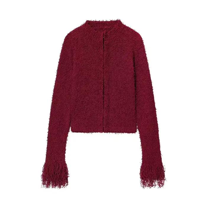 Pull tricoté bordeaux pour femme, col en v, couleur unie, manches longues, pompon, haut court, Chic,