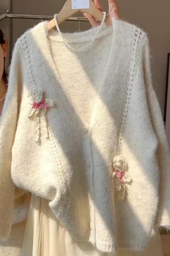 Pull français doux et polyvalent avec nœud rétro pour femmes, Cardigan tricoté ample, doux et gluant