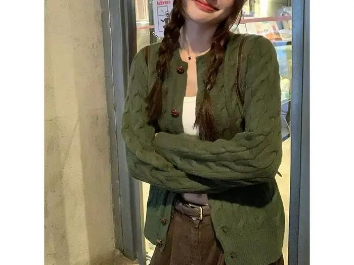 Pull-over vintage vert torsadé pour femme, col rond, manches longues, tricoté, style décontracté, id