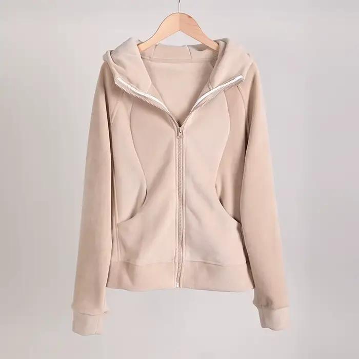 Femmes hiver épaissi polaire doublé fermeture éclair à capuche ouvert Cardigan pull à manches longue