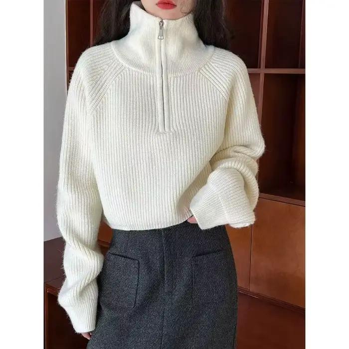 Pull à col demi-fermeture éclair pour femme, pull tricoté doux à manches longues, court, automne hiv