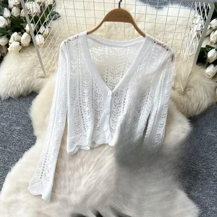 Cardigan tricoté ajouré pour femmes, couleur unie, manches longues, col en V, pull court, haut d'été