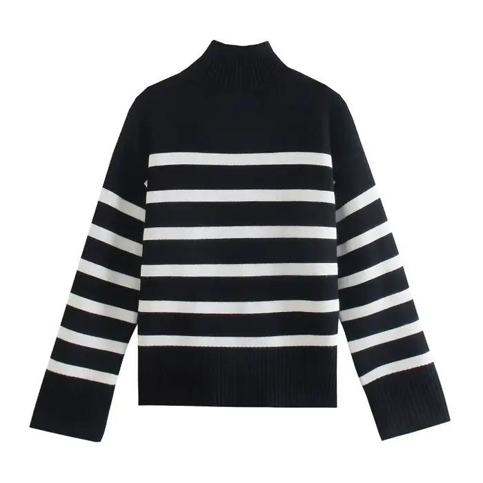 Hiver noir et blanc rayure pull femmes Streetwear pull ample pull hauts femme à manches longues col