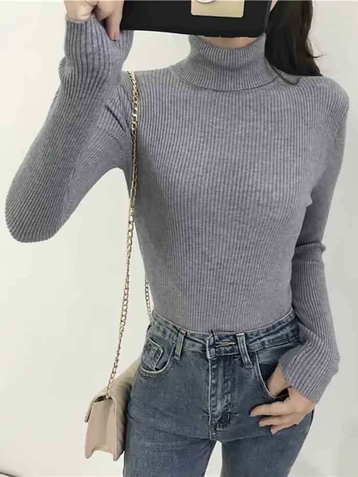 Pull Col Roulé Femme Automne Hiver 2026 – Haut Coréen Slim Tricoté pour Femme – Pull Femme Hiver Tru