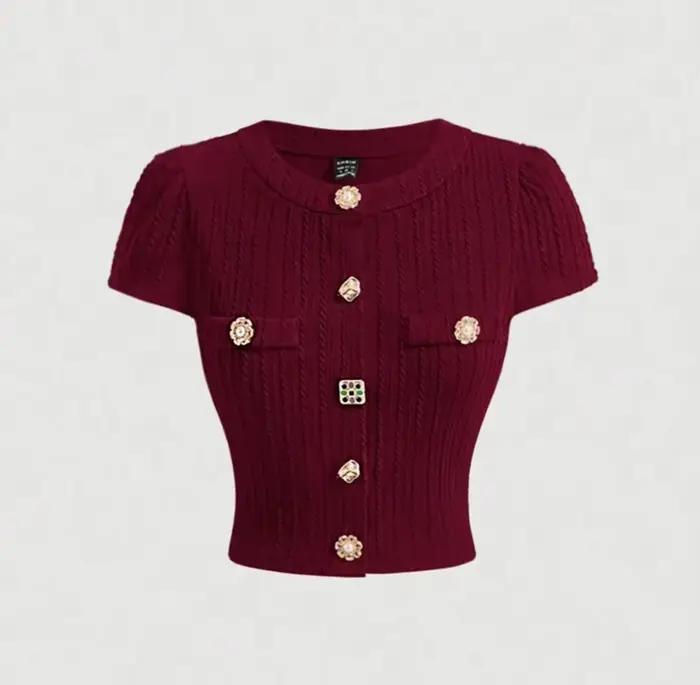 Nouveau cardigan en maille bordeaux rétro élégant de style européen et américain 2026 - Haut ajusté
