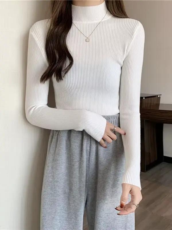 Femmes automne hiver pull à col roulé Vintage solide basique tricoté hauts décontracté mince pull mo
