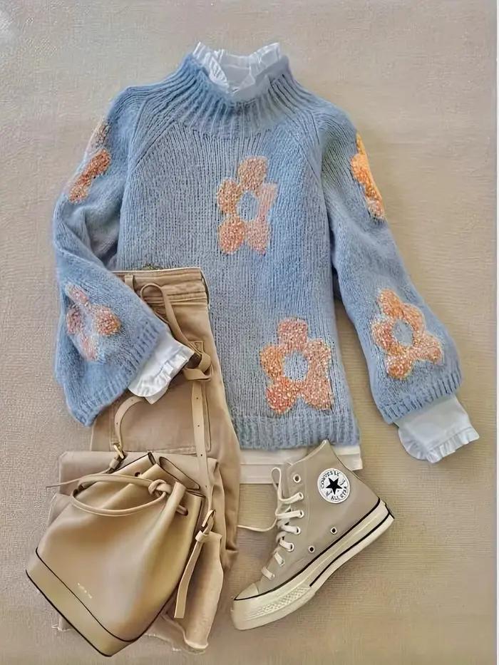 Hiver femmes tricot pull côtelé conception florale à manches longues pull automne nouveauté tricots