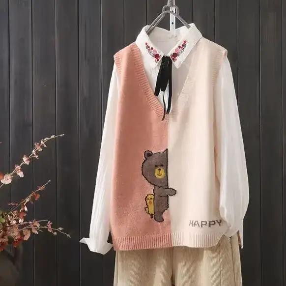 Pulls à col en V pour femmes, gilets en tricot épissé, pull Kawaii, gilet mignon, classique, esthéti