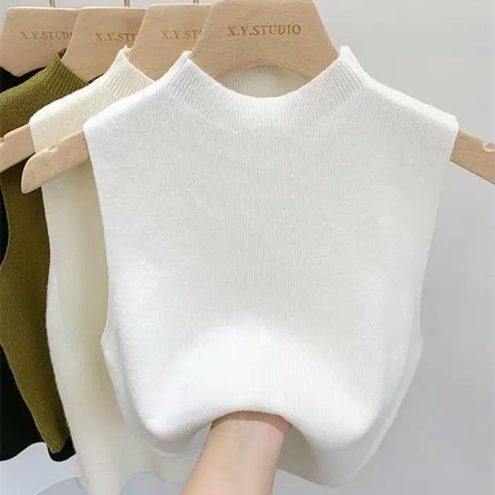 Débardeur femme couleur unie t-shirts tricotés recadrée Camisole pull demi-col roulé printemps autom