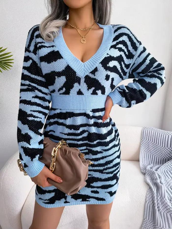 Robe pull ajustée à manches lanternes à rayures tigrées tendance, style européen et américain, vêtem