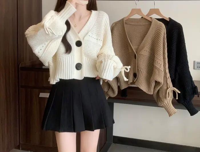 Cardigan en tricot épais pour femme, automne/hiver, ample, court, col en V, manches lanternes, pull