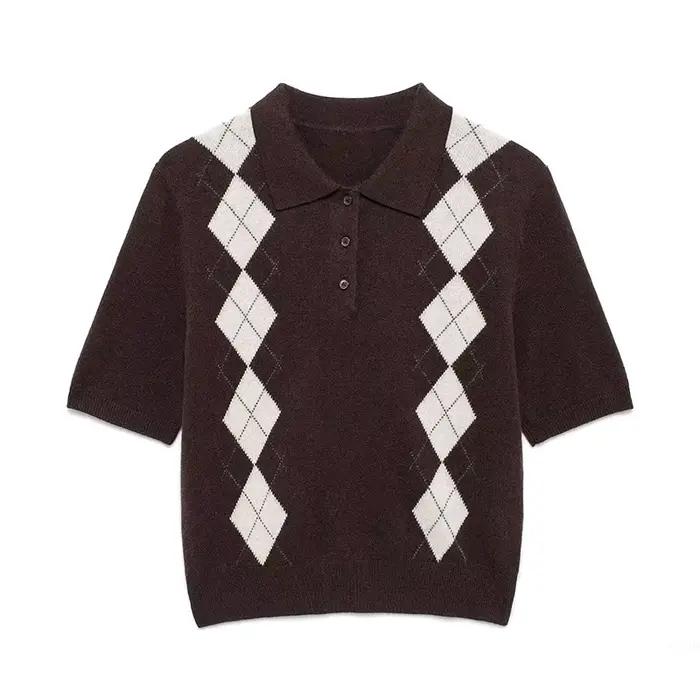 Pull à manches courtes en tricot diamant pour femme, pull à revers, tricots amincissants, chemise co