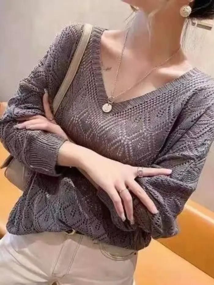 Pull fin et ample pour femme, col en V, en tricot ajouré au crochet, coupe chauve-souris, court, col