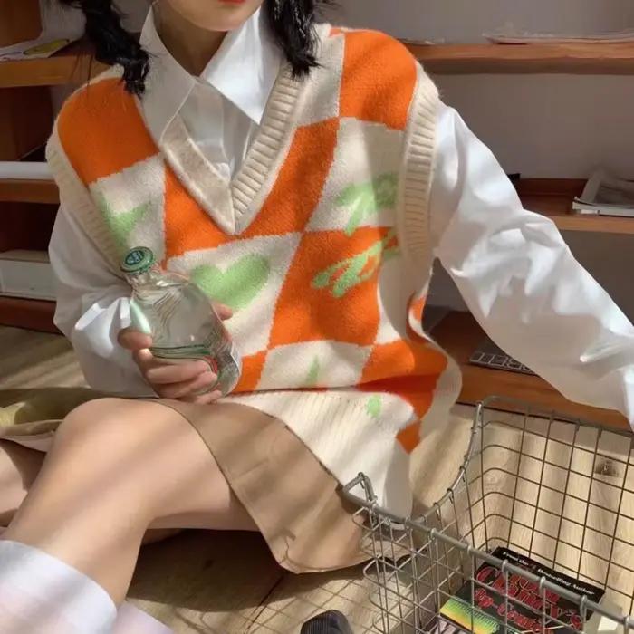 Pull Orange pour femme, gilet tricoté, ample, col en v, décontracté, classique, nouveau, vêtements é