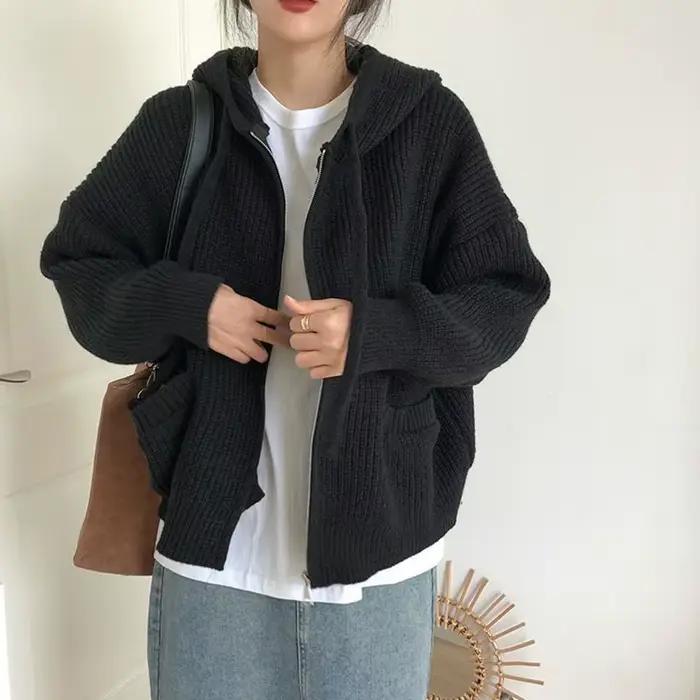 Pullover-Cardigan Épais et Chaud pour Femme, Manteau Vintage à Capuche, avec Poches et Fermeture Écl