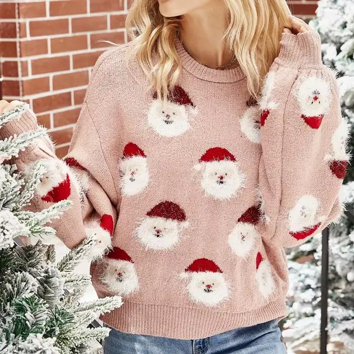 Thème de noël tricoté Parent enfant pull femmes O cou tête d'ancienne conception Style velours chaud