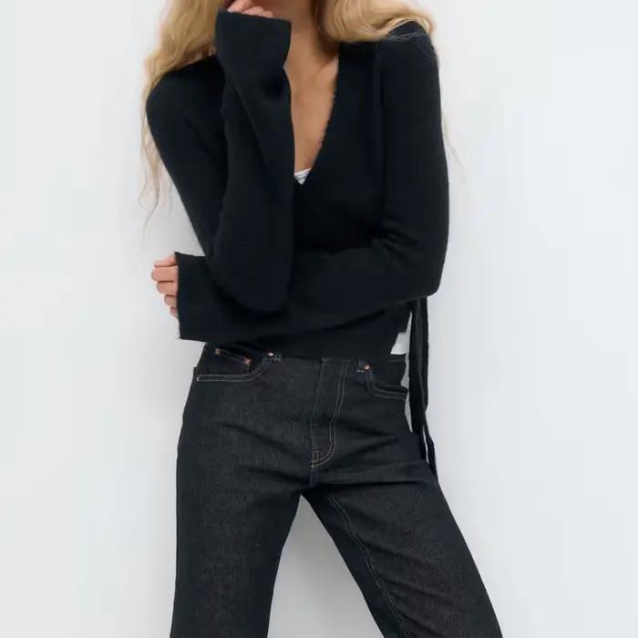 Cardigan portefeuille à nouer sur le devant pour femme, haut Y2K, couleur unie, col en V, manches lo
