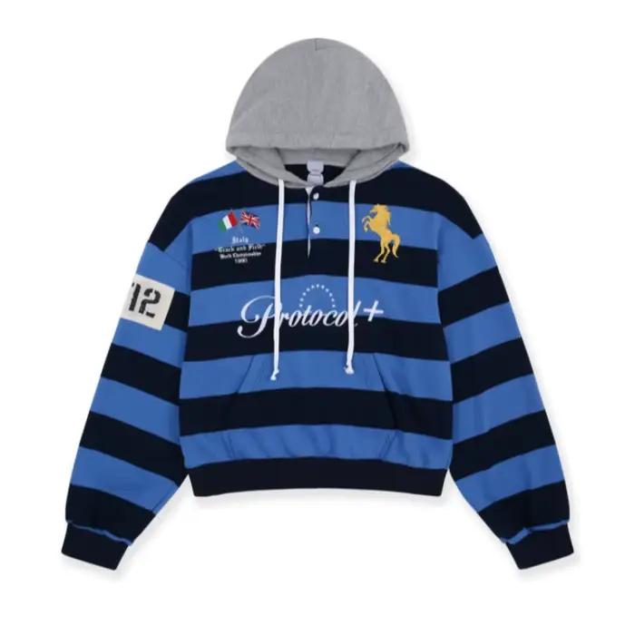 Pull-over décontracté pour femme, style preppy, à rayures, avec capuche grise contrastante, col Henl