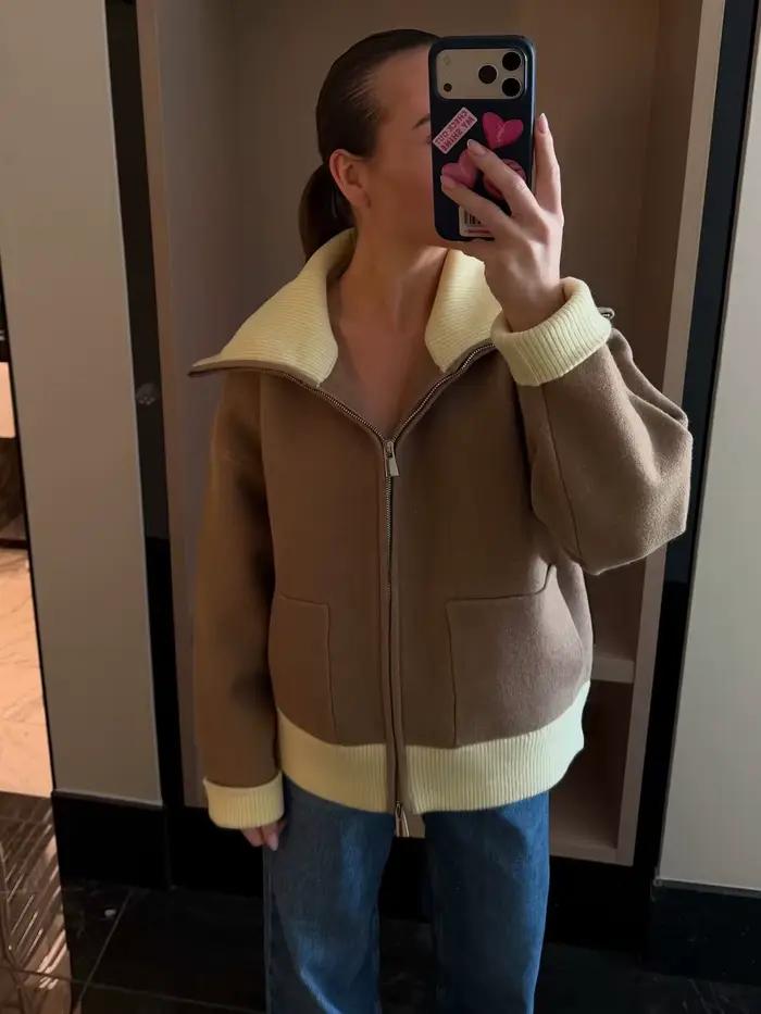 Pull zippé contrasté tendance pour femme, chic, à manches longues, col montant, avec poches, élégant