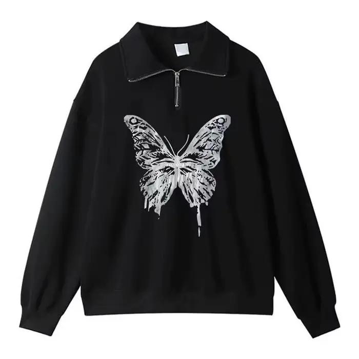 Sweat-shirt demi-fermeture éclair pour femmes, automne et hiver, en velours, rétro américain, ample,