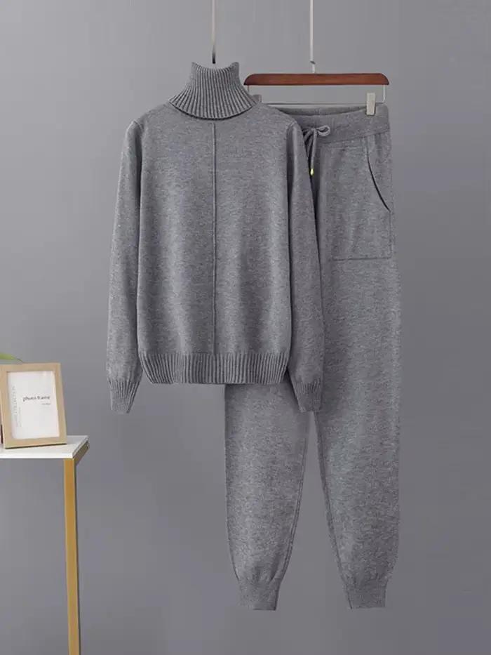 Femmes col roulé tricots pull hauts pullover Conjuntos taille haute décontractée sarouel tenue coule