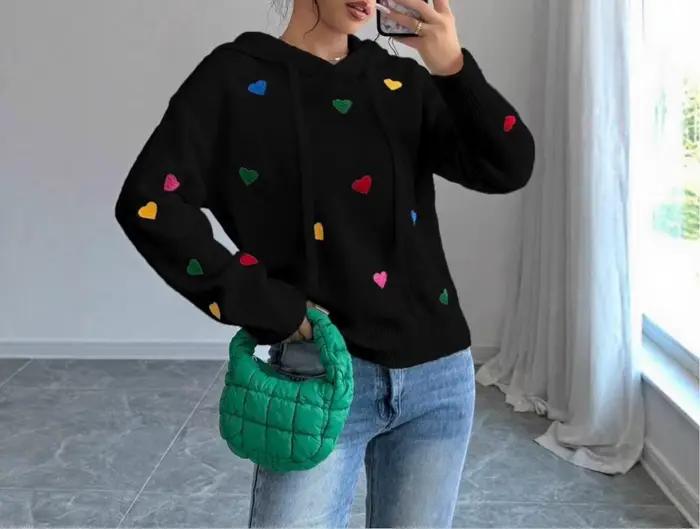 Pull tricoté à capuche et manches longues pour femme, pull coloré en Jacquard d'amour, à la mode, au