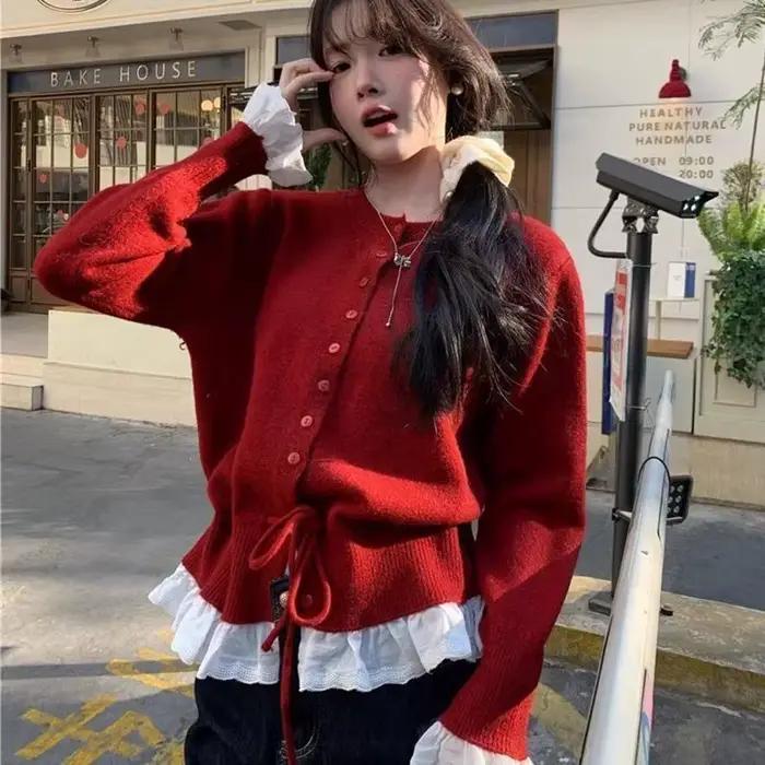 Coréen à volants bord pull femmes Cardigan automne hiver nouveau Style étranger tricoté pull haut fe