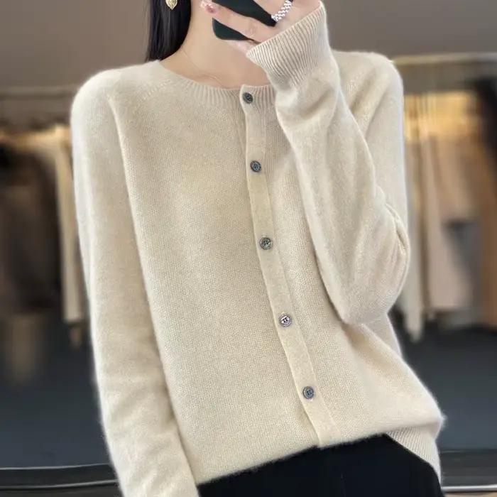Cardigans en laine mérinos pour femmes, pull en cachemire, col rond, manches longues, tricot, vêteme