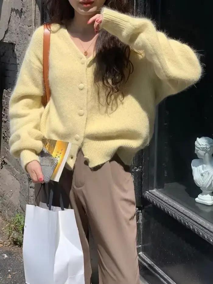 Ezgaga tricoté Cardigan femmes automne hiver mode ample solide col en V vêtements d'extérieur recadrée pull Vintage doux