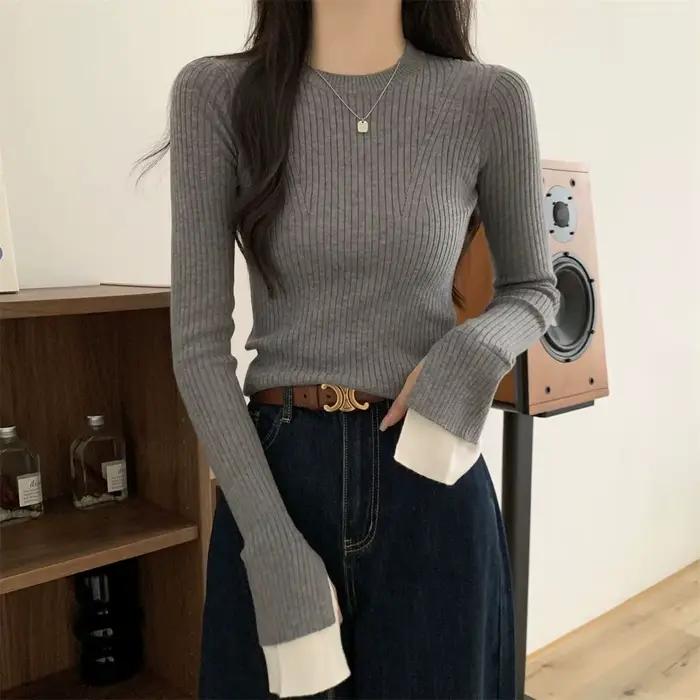 Pull à manches évasées de couleur contrastée de Style français pour femmes en automne et en hiver coupe ajustée et bas Nner à la mode