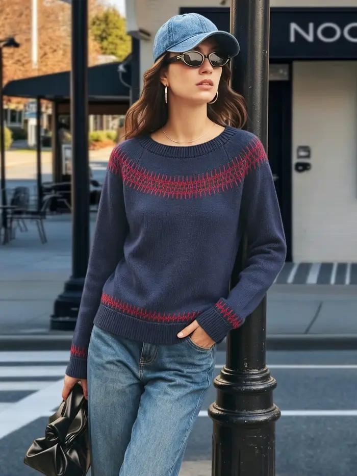 Pull en tricot à motifs géométriques bleu marine et rouge pour femme, col rond, manches longues, coupe ample, style fashion, printemps et automne