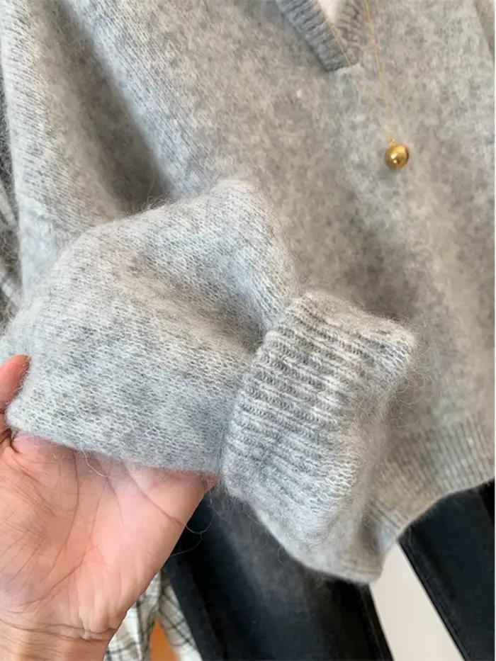 Pull tricoté en cachemire gris à col en V pour femme, manteau épais à revers, vêtements d'hiver et début d'automne, nouvelle collection automne-hiver